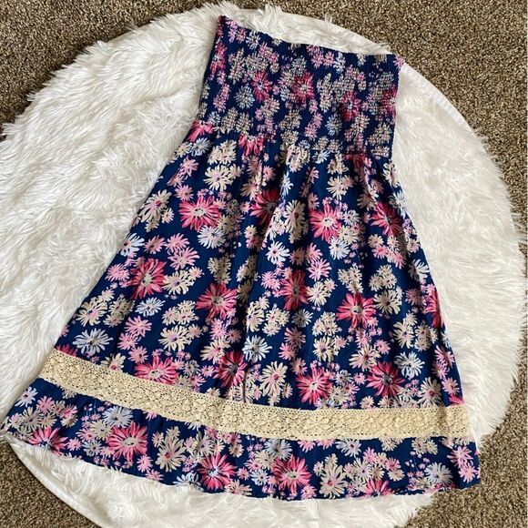 Roxy Floral Strapless Dress Blue Multicolor Elastic Stretchy Top Womens Sz Small - Picture 2 of 7